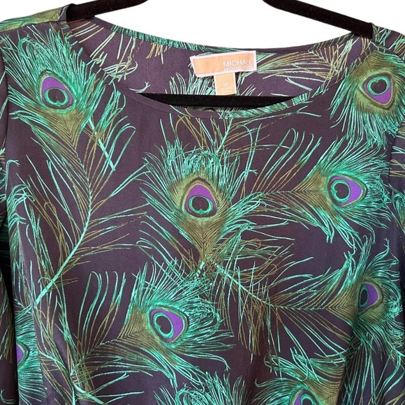 MICHAEL Michael Kors Peacock Print Blouse Ruched Waist Strappy Arms Size Medium - Picture 2 of 9